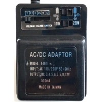 CARGADOR / ADAPTADOR UNIVERSAL AC/DC / NUMERO DE PARTE 1460 / ENTRADA VCA AC 110-220V~ 50/60HZ / SALIDA VCD / DC 3V 4.5V 6V 7.5V 9V 12V  500MA / MODELO 1460